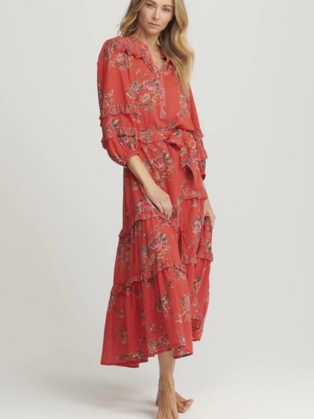 sundays Red Floral Ruffle Tiered Maxi Dress NWT L MSRP $240